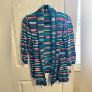 Natural Reflections Turquoise, Navy & Coral Aztec Open-Front Cardigan